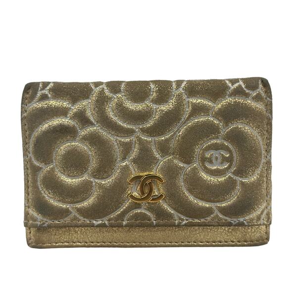 RARE Chanel Gold Suede Camellia Embossed‎ Classic Card Holder! - Picture 1 of 11